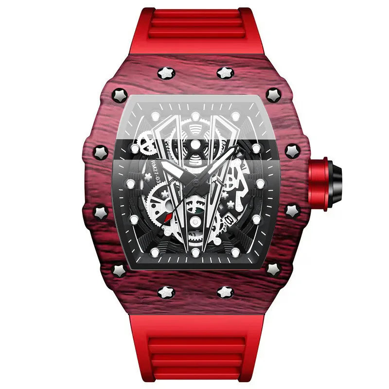BINBOND Brand Men Watch Domineering Barrel Watch Curved Mirror Hollow Surface Sports Men Watch Silicone Quartz Wristwatch B8577