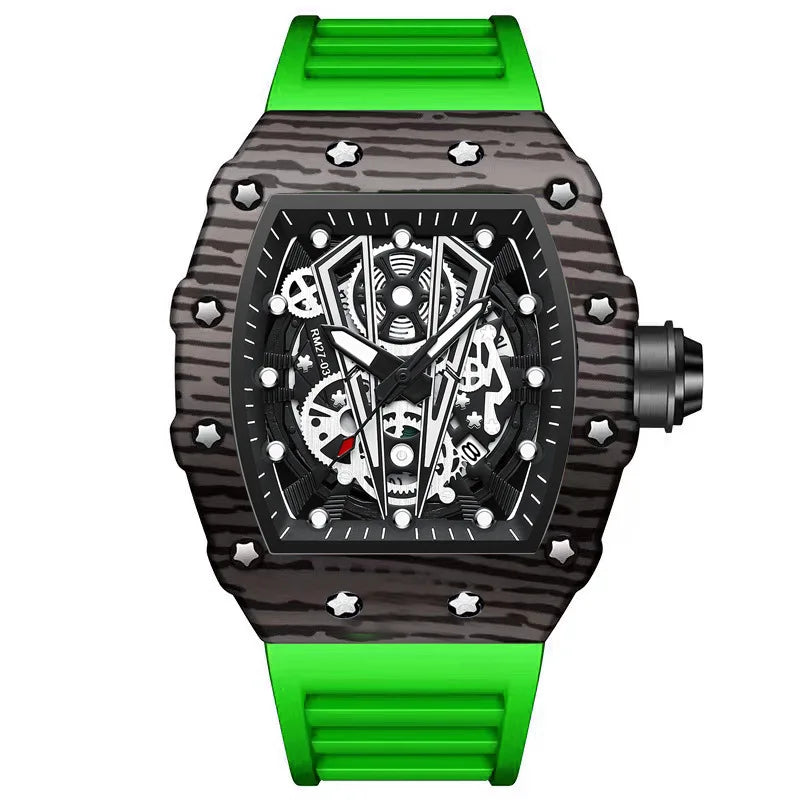 BINBOND Brand Men Watch Domineering Barrel Watch Curved Mirror Hollow Surface Sports Men Watch Silicone Quartz Wristwatch B8577