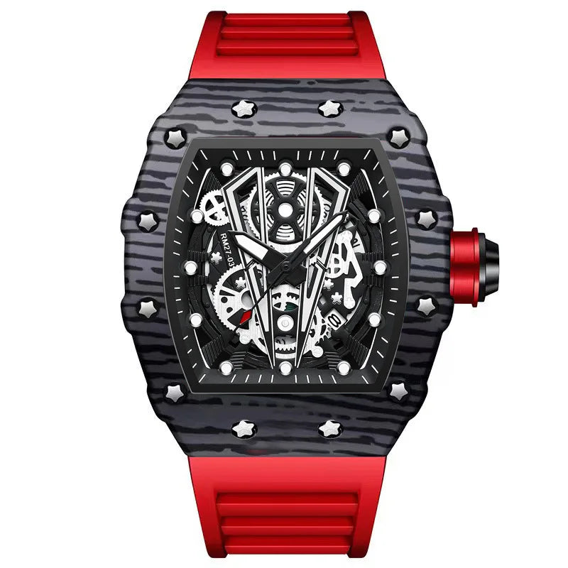 BINBOND Brand Men Watch Domineering Barrel Watch Curved Mirror Hollow Surface Sports Men Watch Silicone Quartz Wristwatch B8577