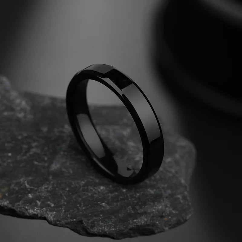 Letdiffery 4mm Simple Smooth Women Rings Black Stainless Steel Men Rings