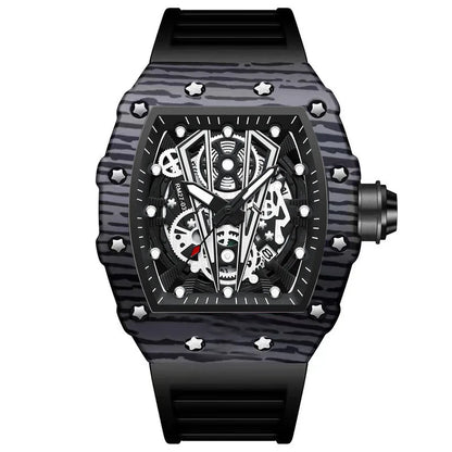 BINBOND Brand Men Watch Domineering Barrel Watch Curved Mirror Hollow Surface Sports Men Watch Silicone Quartz Wristwatch B8577