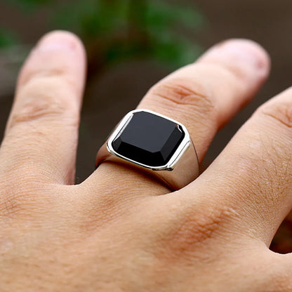 Simple Fashion Stainless Steel With Zircon Black Agate Stone Rings For Men