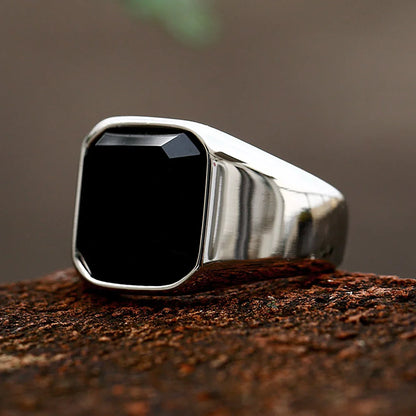 Simple Fashion Stainless Steel With Zircon Black Agate Stone Rings For Men