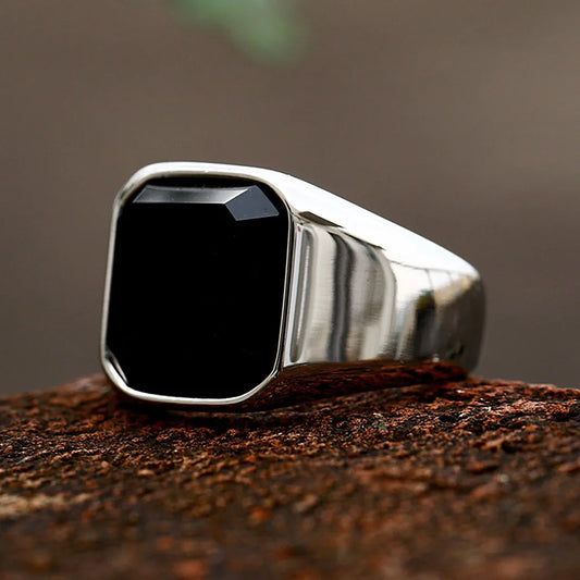 Simple Fashion Stainless Steel With Zircon Black Agate Stone Rings For Men