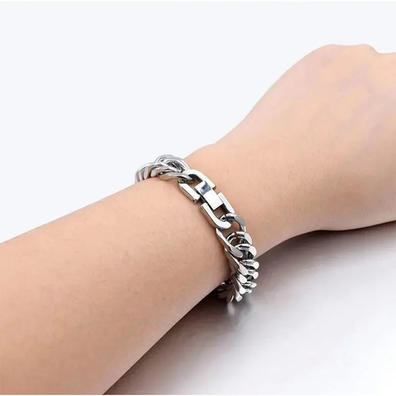 8MM Width Stainless Steel Cuban Chain Bracelets for Men, Silver Color Fashion Hip Hop Male Boy Wristband Jewelry