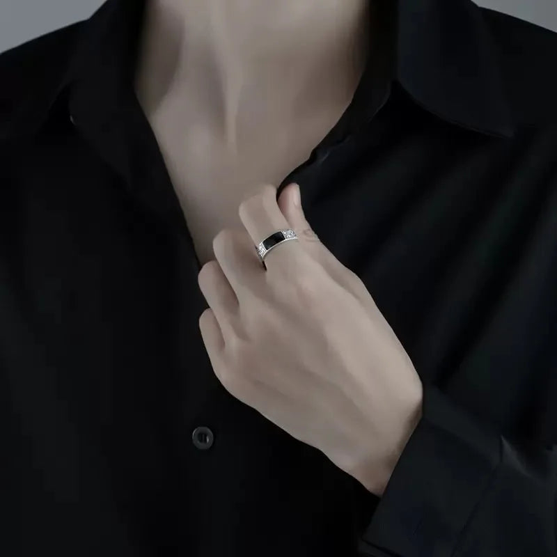 925 Sterling Silver Rings for Women Men Couple Minimalist Handmade Simple Black Stone Ring