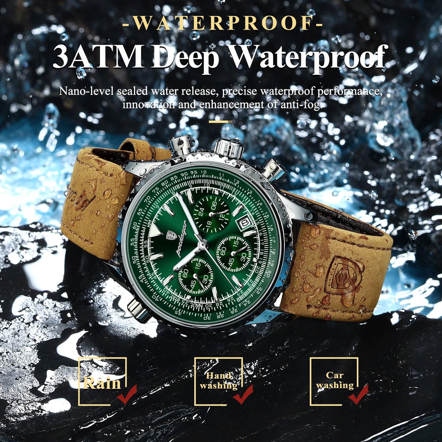 POEDAGAR Luxury Man Watch Quartz Waterproof Chronograph Leather Men Wristwatch