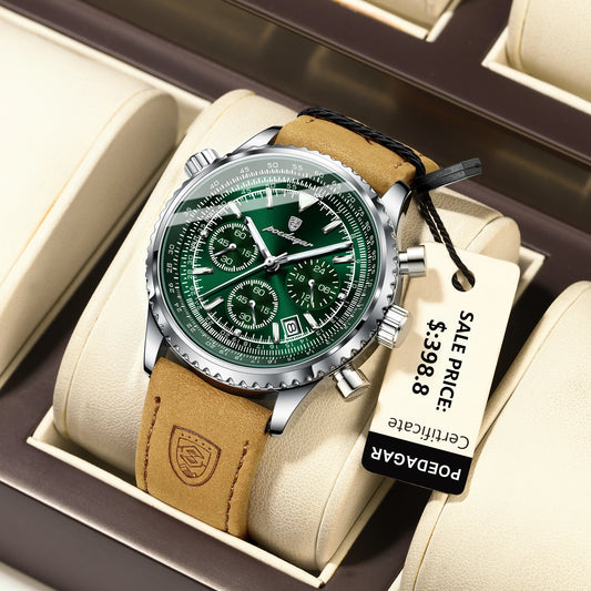 POEDAGAR Luxury Man Watch Quartz Waterproof Chronograph Leather Men Wristwatch
