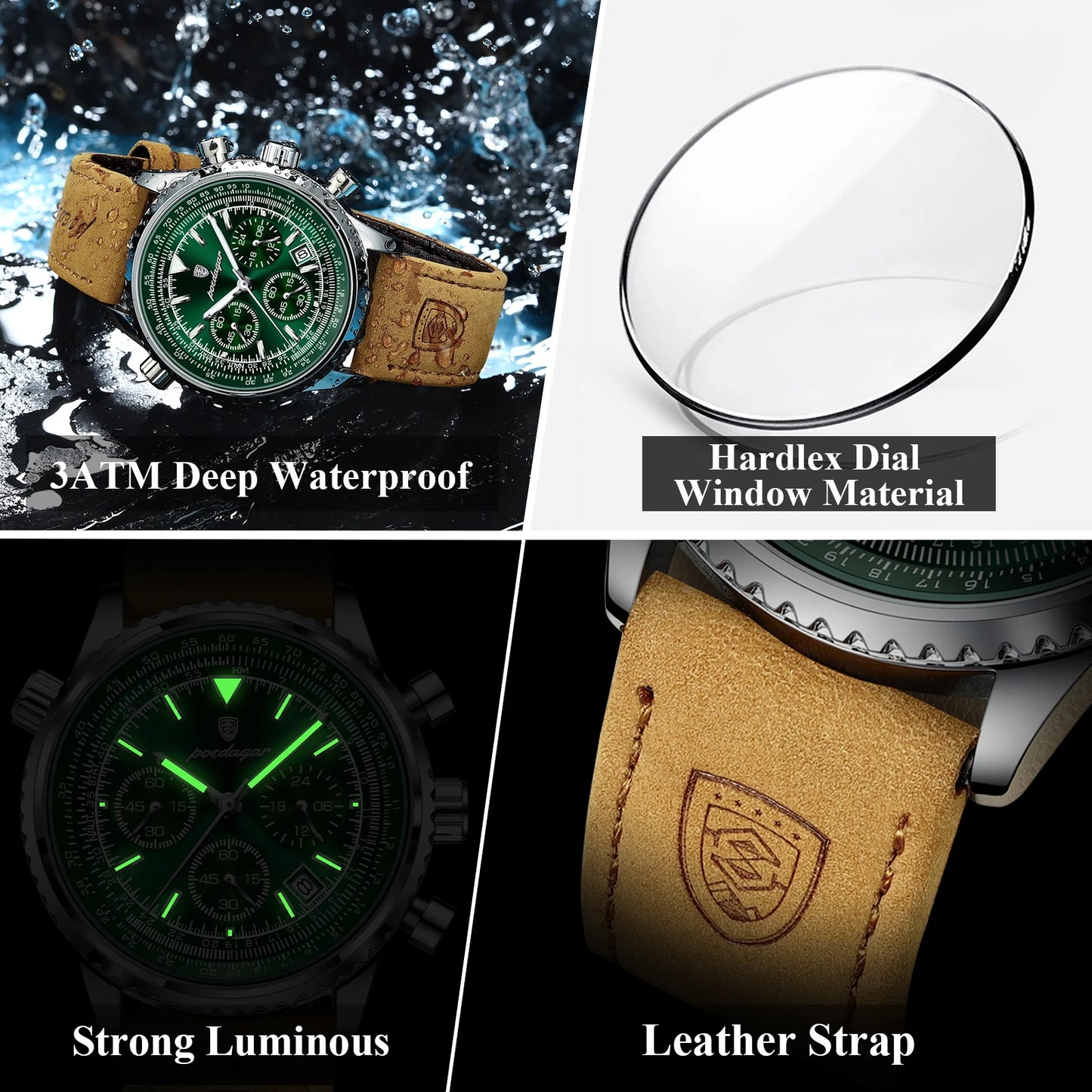POEDAGAR Luxury Man Watch Quartz Waterproof Chronograph Leather Men Wristwatch