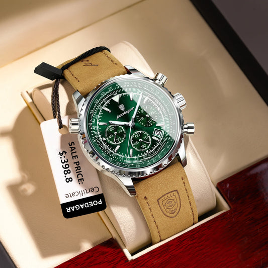 POEDAGAR Luxury Man Watch Quartz Waterproof Chronograph Leather Men Wristwatch