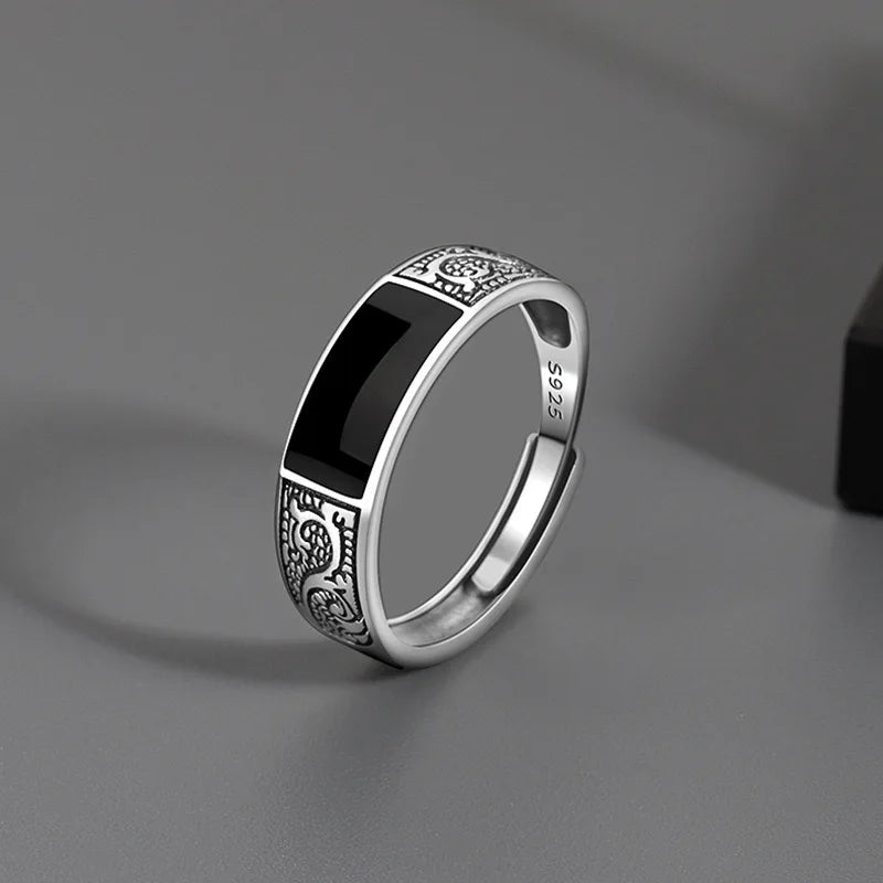 925 Sterling Silver Rings for Women Men Couple Minimalist Handmade Simple Black Stone Ring