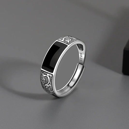 925 Sterling Silver Rings for Women Men Couple Minimalist Handmade Simple Black Stone Ring