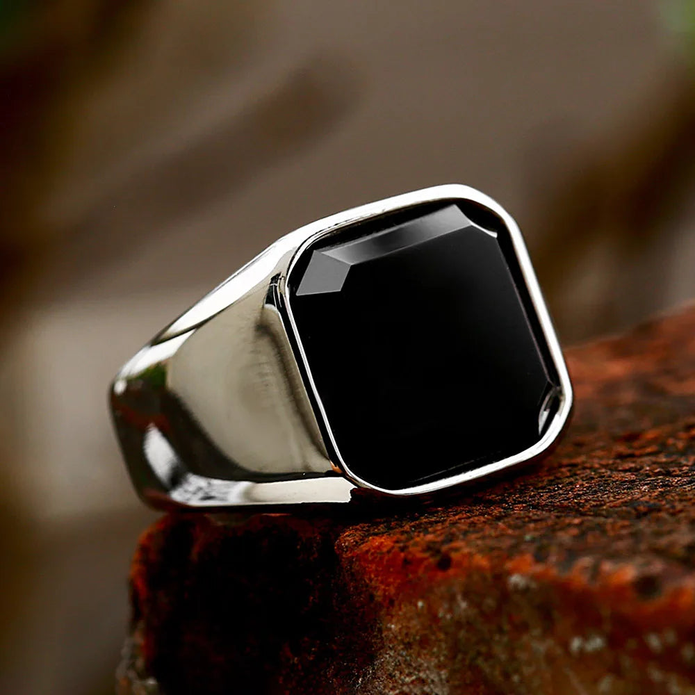 Simple Fashion Stainless Steel With Zircon Black Agate Stone Rings For Men
