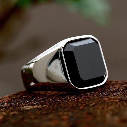Simple Fashion Stainless Steel With Zircon Black Agate Stone Rings For Men