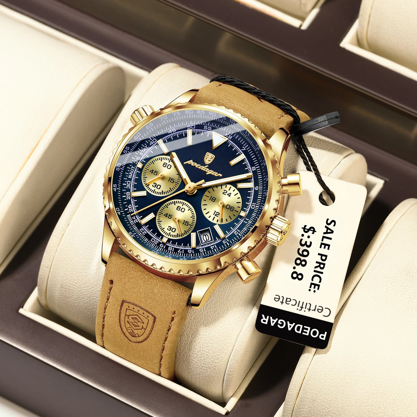 POEDAGAR Luxury Man Watch Quartz Waterproof Chronograph Leather Men Wristwatch