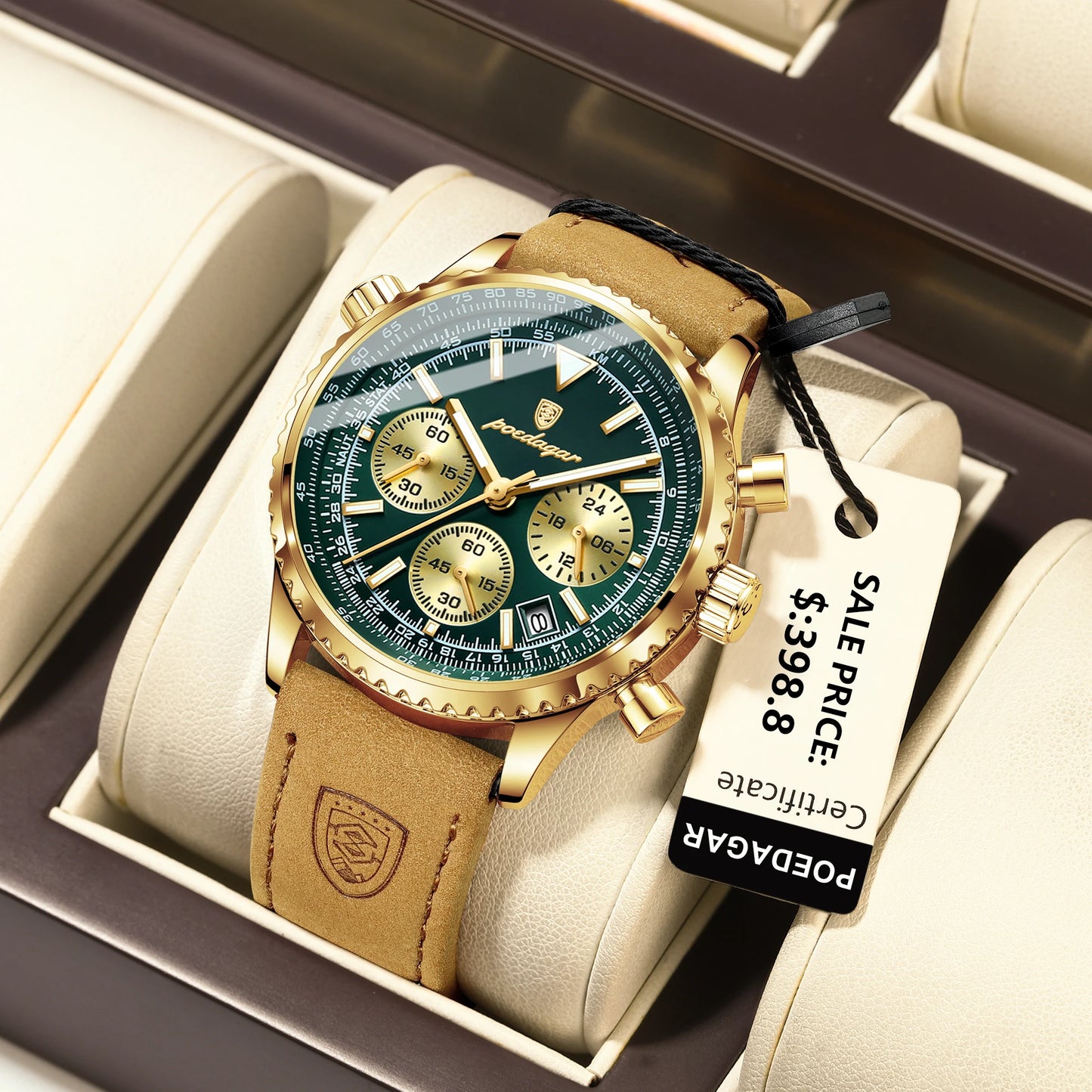 POEDAGAR Luxury Man Watch Quartz Waterproof Chronograph Leather Men Wristwatch