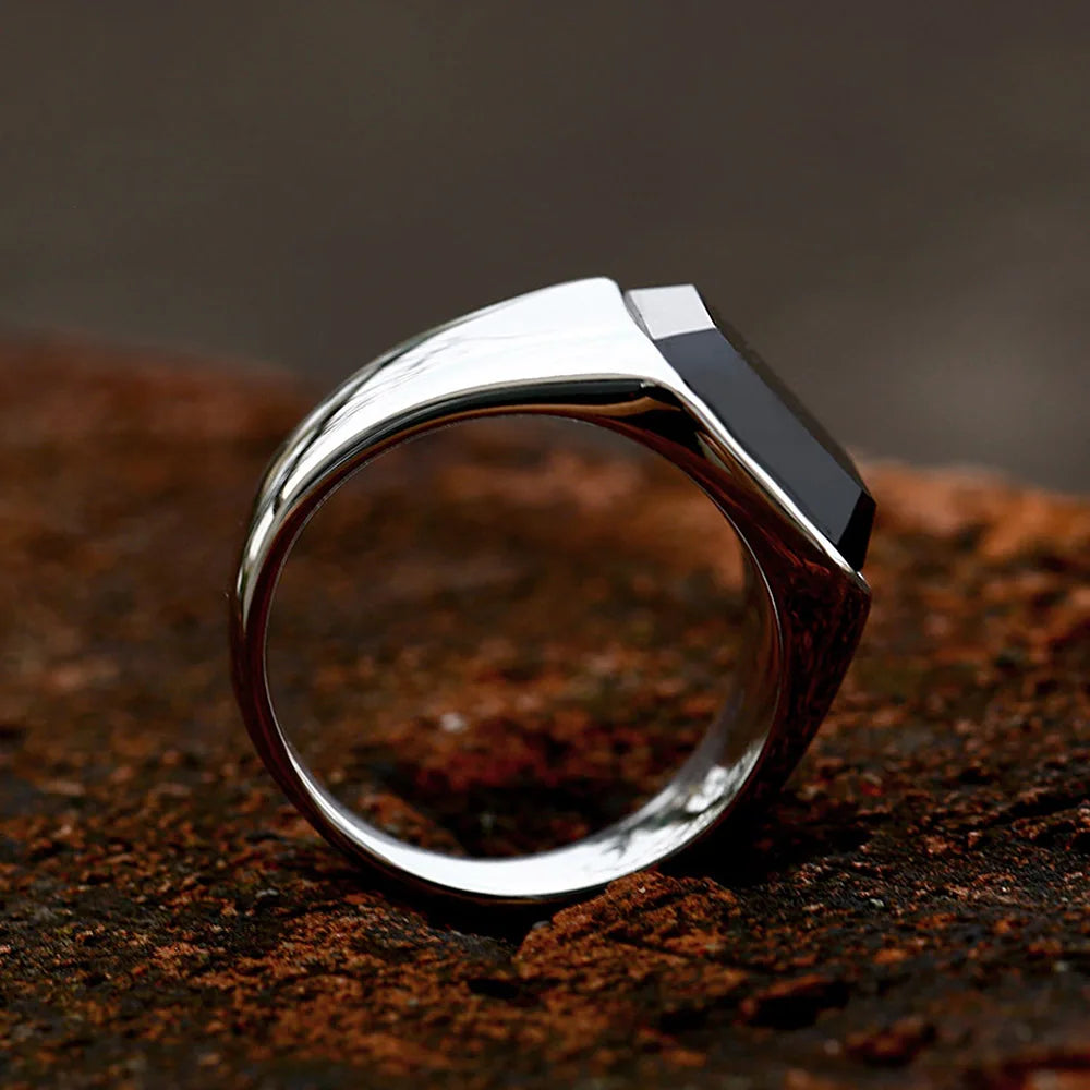 Simple Fashion Stainless Steel With Zircon Black Agate Stone Rings For Men