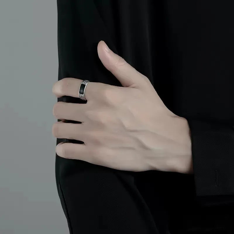 925 Sterling Silver Rings for Women Men Couple Minimalist Handmade Simple Black Stone Ring