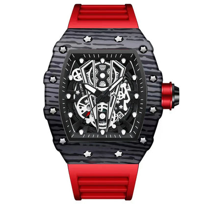 BINBOND Brand Men Watch Domineering Barrel Watch Curved Mirror Hollow Surface Sports Men Watch Silicone Quartz Wristwatch B8577