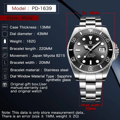 PAGANI DESIGN Automatic Watch Luxury Sapphire Glass Mechanical Wristwatch