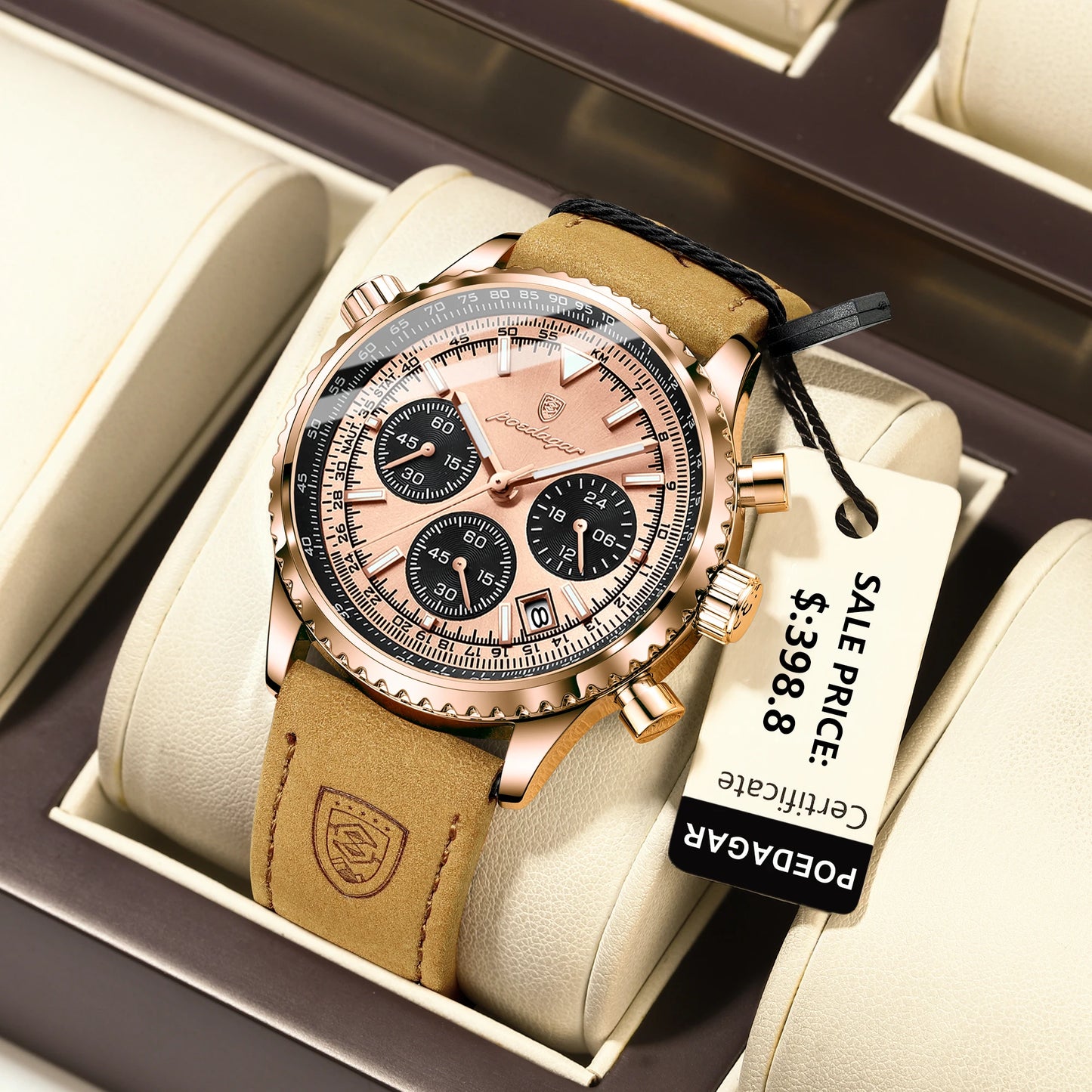 POEDAGAR Luxury Man Watch Quartz Waterproof Chronograph Leather Men Wristwatch