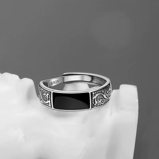 925 Sterling Silver Rings for Women Men Couple Minimalist Handmade Simple Black Stone Ring