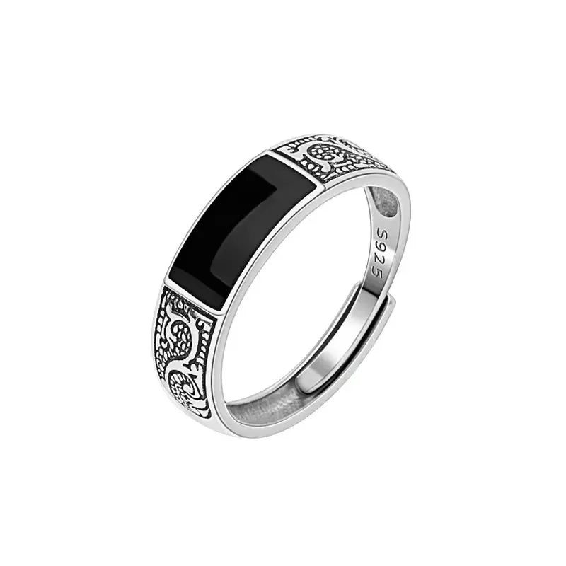 925 Sterling Silver Rings for Women Men Couple Minimalist Handmade Simple Black Stone Ring
