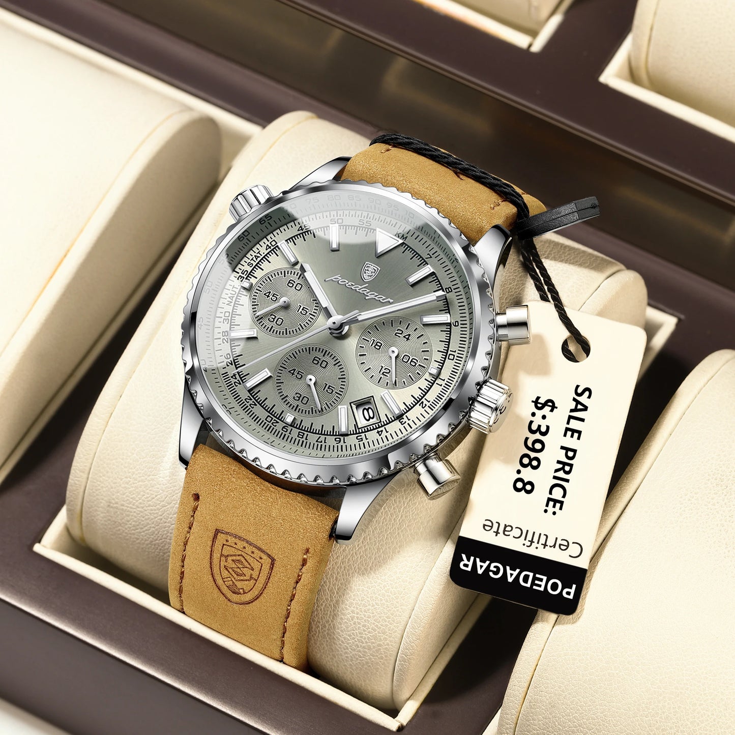 POEDAGAR Luxury Man Watch Quartz Waterproof Chronograph Leather Men Wristwatch